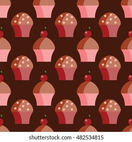 Seamless pattern of cupcakes.Sweet muffins with a cherry 