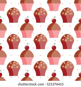 Seamless pattern of cupcakes.Sweet muffins with a cherry 