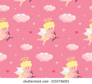 Seamless pattern with cupid baby, clouds, hearts and stars on pink background. Valentine's Day vector design.