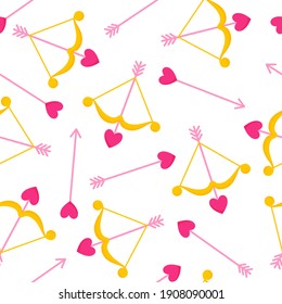 Seamless pattern of cupid bow and arrow with heart for the wedding or Valentine's Day. Cartoon vector isolated design for wallpaper, wrapping paper, textile, etc.