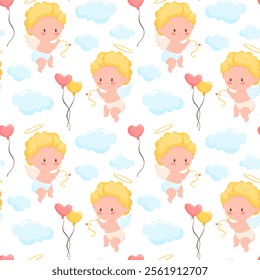 Seamless pattern with cupid and clouds, on white background. Love concept. Valentine's day greeting card. Funny pattern with hearts on the theme of Valentine's day.