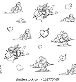 Seamless pattern with cupid and clouds. Vector outline with transparent background