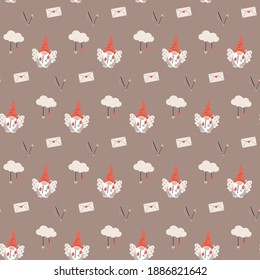 Seamless pattern with cupid gnome and envelope. Valentines day concept