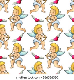 Seamless pattern with Cupid and heart icons. Colorful sketch style for Valentine's Day greeting card and decoration. Vector.