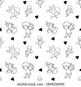 
Seamless pattern with cupid and hearts, black and white endless texture for Happy Valentine's Day, hand-drawn vector illustration in romantic style