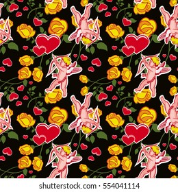 Seamless pattern with Cupid, hearts and roses. Valentine Day background. Vector clip art.