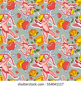 Seamless pattern with Cupid, hearts and roses. Valentine Day background. Vector clip art.