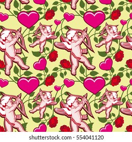 Seamless pattern with Cupid, hearts and roses. Valentine Day background. Vector clip art.