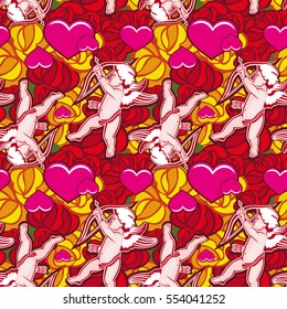 Seamless pattern with Cupid, hearts and roses. Valentine Day background. Vector clip art.