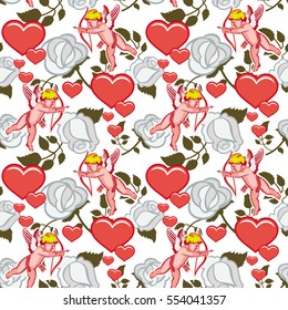 Seamless pattern with Cupid, hearts and roses. Valentine Day background. Vector clip art.