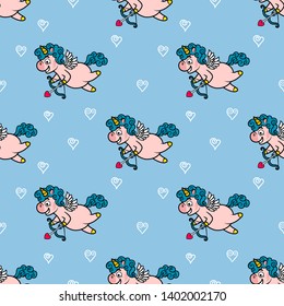 Seamless pattern with cupids, arrows and hearts. Vector illustration.