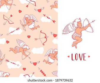 Seamless pattern with cupids, arrows and hearts. Valentine's day greeting card. Vector background.