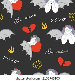 Seamless pattern with cupids, broken hearts and devil elements. Dark valentine's day. Halloween background