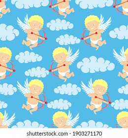 Seamless pattern with cupids and clouds on blue background.