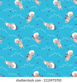 Seamless pattern of cupids flying in the clouds. Cupids play romantic music on the strings of the lyre. Cupid fires a crossbow to evoke love. Pattern for valentine's day. Flat vector illustration.