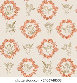 Seamless Pattern with cupids. Happy Valentine's day. Vintage engraving style