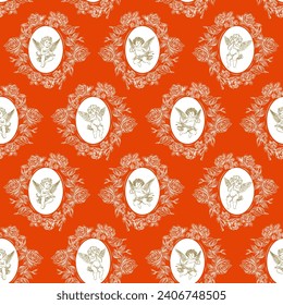 Seamless Pattern with cupids. Happy Valentine's day. Vintage engraving style