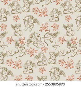 Seamless Pattern with cupids. Happy Valentine's day. Vintage engraving style