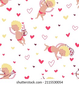 Seamless pattern of cupids and hearts. Cupids fly, play romantic music on the strings of the lyre. Cupid fires a crossbow to evoke love. Pattern for valentine's day. Flat vector illustration.