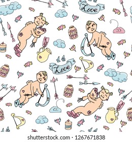 Seamless pattern with cupids, hearts, Love lettering on white background. Handmade. Vector. Print for bed linens, fabric, textiles, wallpaper, greeting cards, wrapping paper, gift box