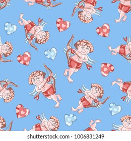 Seamless pattern with Cupids and hearts on a blue background. Valentine's Day. Vector illustration for postcards, clothing design and packaging and your design