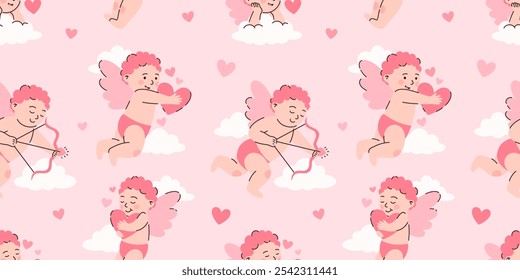 Seamless pattern with cupids with hearts for Valentine's Day. Flat vector illustration.