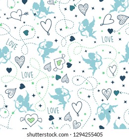Seamless pattern with cupids and hearts vector