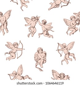 Seamless pattern Cupids holding bows and shooting arrows on white background. Backdrop with pink cute angels, gods of romantic love and passion. Vector illustration for textile print, wrapping paper.