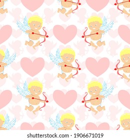 Seamless pattern with cupids and pink love hearts on white background.
