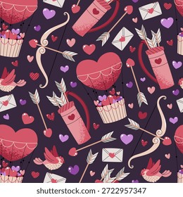 Padrão Perfeito Com Quiver Do Cupido, Seta, Arco E Balão De Ar Quente Em Estilo Plano. Caprichoso Dia dos Namorados Aventura Textura Para Tecido, Fundo, Embalagem, Papel De Parede E Design De Superfície