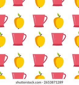 Seamless pattern with cups and apples on a white background. Vector illustration in bright colors in a flat style