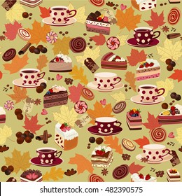 Seamless pattern with cups, candy, and autumn leaves. Coffee, cakes, pastries, chocolate, spices and autumn leaves in the background.