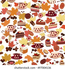 Seamless pattern with cups, candy, and autumn leaves. Coffee, cakes, pastries, chocolate, spices and autumn leaves in the background.