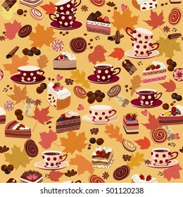 Seamless pattern with cups, candy, and autumn leaves. Coffee, cakes, pastries, chocolate, spices and autumn leaves in the background.