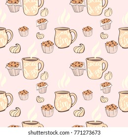 Seamless pattern with cups of cocoa, chocolate cakes, marshmallows and retro style inscriptions. Vector image in pastel color.