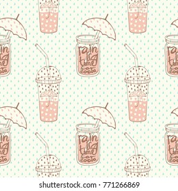 Seamless pattern with cups of cocoa for takeaway and rain drops with umbrellas and inscriptions in retro style. Vector image.