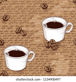 Seamless pattern with cups and coffee beans on kraft paper with handwritten text. Hand-drawn vector illustration in vintage style.