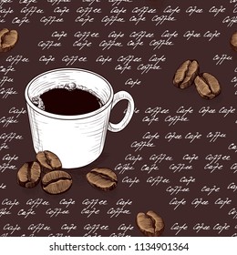 Seamless pattern with cups and coffee beans on a dark background with handwritten text. Hand-drawn vector illustration in vintage style.
