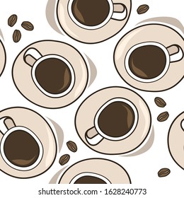 Seamless pattern with cups of coffee, coffee beans, hand drawn overlapping backdrop. Colorful background vector. Set of cups. Decorative wallpaper, good for printing