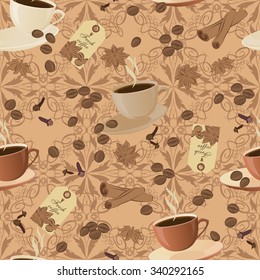 Seamless pattern with cups of coffee  and coffee beans.