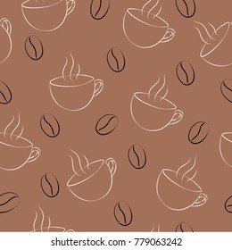 Seamless pattern with cups of coffee and coffee beans on a brown background vector illustration