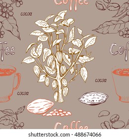 Seamless pattern with cups, coffee and cocoa plants