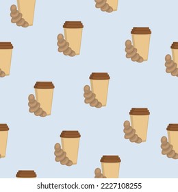 Seamless pattern with cups of coffee and croissants on a blue background. Illustration of a beverage in a paper mug and baking for notebooks and banners.