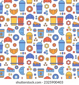 Seamless pattern of cups of coffee, drinks, croissants, cakes, donuts. Illustration on the theme of food, coffee and sweets. Vector abstract background of icons of cups of coffee, tea, dessert, baking