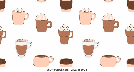 Seamless pattern with cups of coffee. Flat vector illustration.