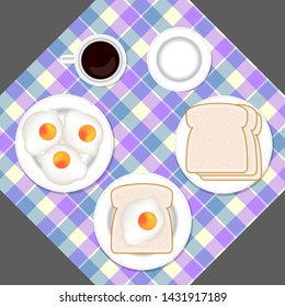 seamless pattern with cups of coffee and fried eggs with bread
