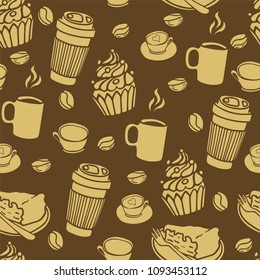Seamless pattern with a cups of coffee. Coffee to go. Hand-drawn vector elements