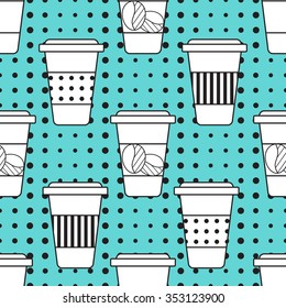 Seamless pattern with cups of coffee to go. Morning hot drink coffee cup pattern with circles, stripes and beans. Plastic and paper coffee cups. Breakfast background.