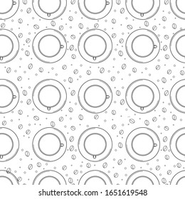 Seamless pattern cups with coffee grains. Linear isolated on a white background. Vector illustration.