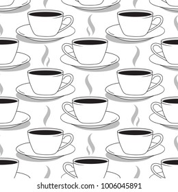 Seamless pattern with cups of coffee, hand drawn overlapping backdrop. Black and white background vector. Set of cups. Decorative wallpaper, good for printing